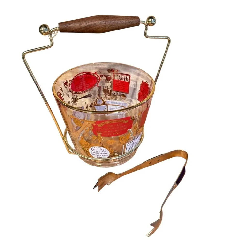 Vintage Jeannette MCM Glass Ice Bucket Gold Cocktail Recipes Brass Caddy & Tongs